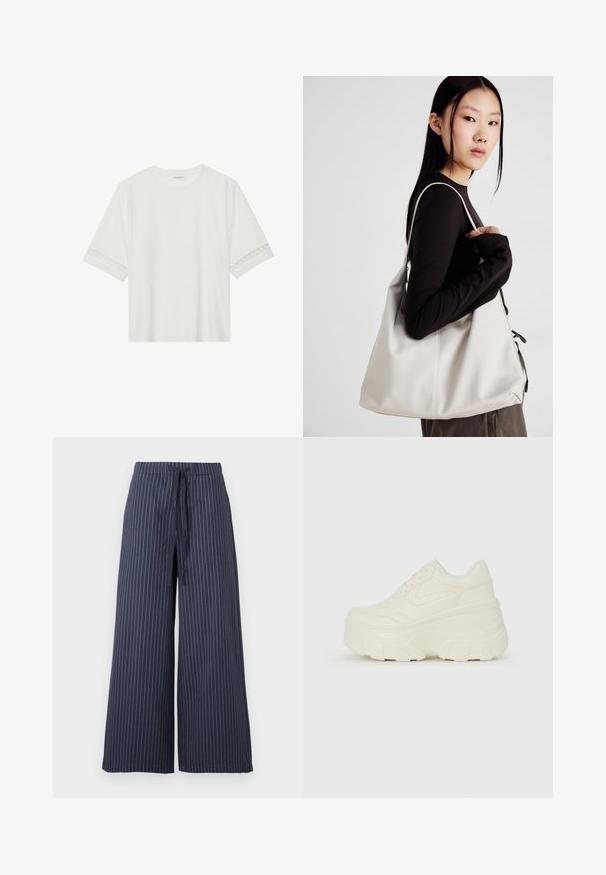 T-shirt branco de manga curta feito de algodão, com bainha de renda decorativa nas mangas e decote redondo.; Calças de perna larga em azul marinho com riscas verticais brancas. Feitas de um tecido leve, apresentam um cós com cordão e uma textura suave.; Tênis brancos de plataforma com um cabedal suave semelhante a couro, formato arredondado, colarinho acolchoado e sola de borracha texturizada com ranhuras bem definidas.; Uma bolsa bege feita de material macio, com um design descontraído, detalhes de costura e duas alças para o ombro. Adequada para uso diário.