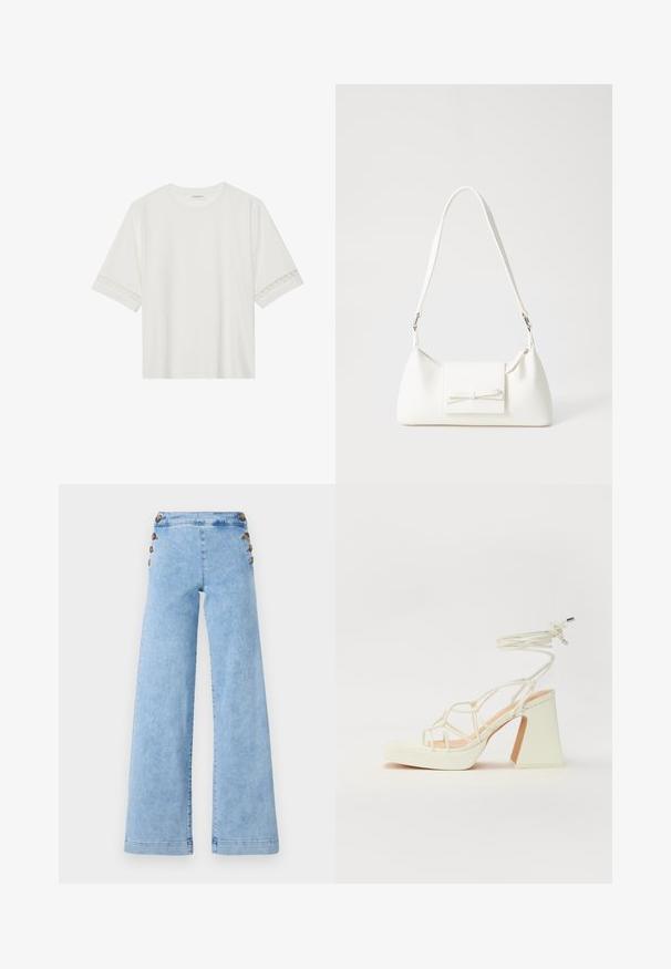 Tricou alb cu mânecă scurtă, confecționat din bumbac, cu dantelă decorativă pe marginea mânecilor și un guler rotund.; Jeans din denim de culoare albastru deschis, cu croială largă și talie înaltă, decorate cu accente metalice pe laterale și o textură netedă, ușor uzată.; Sandale albe cu toc înalt și gros, cu un design cu curele și legătură la gleznă. Textură netedă, cu o platformă frontală pentru înălțime suplimentară.; Geantă sintetică albă, cu formă triangulară, capac frontal plat și detaliu cu fundă, curea ajustabilă, textură netedă și design minimalist.