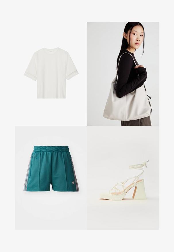 Hvit t-skjorte med kort erme laget av bomull, med dekorativ blondekant langs ermene og en rund halslinning.; Teal treningsshorts med elastisk midje, har rosa og hvit stripete sideakenter, samt glidelås lommer på siden. Logo på kanten.; Hvit høyhælte sandal med kraftig hæl, med en stroppe-design og ankelbånd. Glatt tekstur med plattform foran for ekstra høyde.; Beige håndveske laget av mykt materiale, med en slapp design, sydd detaljer og to skulderstropper. Passer for daglig bruk.