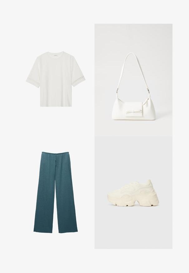 Fehér, rövid ujjas póló, pamutból készült, díszes csipkés szegéllyel az ujjak mentén és kerek nyakkivágással.; Zöldeskék, bőszárú nadrág texturált kötött anyagból, állítható gumis derékkal és zsinórral.; Tömbös fehér sneakers, amely texturált hálóból és szintetikus anyagokból készült, vastag talppal és bonyolult mintázattal az oldalakon.; Fehér szintetikus kézitáska, háromszög alakú, lapos előlap, masni részlettel, állítható pánttal, sima textúrával és minimalista dizájnnal.