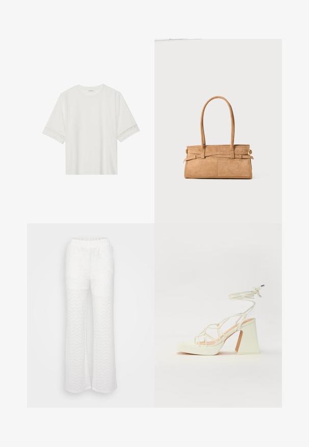 Hvid kortærmet t-shirt lavet af bomuld, med dekorativ blondekant langs ærmerne og en rund halsudskæring.; Hvide bukser med en flagrende design, der har et subtilt chevron mønster, elastisk talje og let tekstureret materiale.; Hvide højhælede sandaler med en kraftig hæl, der har et stropdesign og ankelbinding. Glat tekstur med en platform foran for ekstra højde.; Tan ruskindtaske med to lange håndtag, rektangulær form og dekorativ syning. Den har en sideløsning og subtile guldfarvede hardware-detaljer.