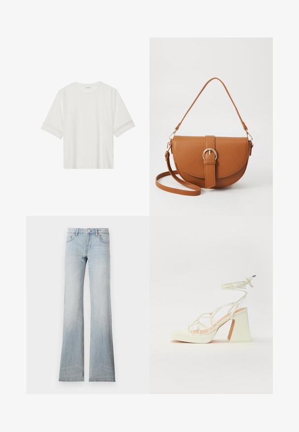 T-shirt blanc à manches courtes en coton, avec des bordures en dentelle décoratives le long des manches et un col rond.; Jean flare en denim bleu clair avec une finition délavée, cinq poches et une fermeture à bouton. Le tissu a une texture lisse et un léger stretch.; Sandale blanche à talons hauts avec un talon épais, présentant un design à lanières et un lien autour de la cheville. Texture lisse avec une plateforme à l'avant pour une hauteur supplémentaire.; Sac bandoulière en cuir marron avec une forme incurvée, quincaillerie dorée et un accent en boucle. Comprend une bandoulière détachable.