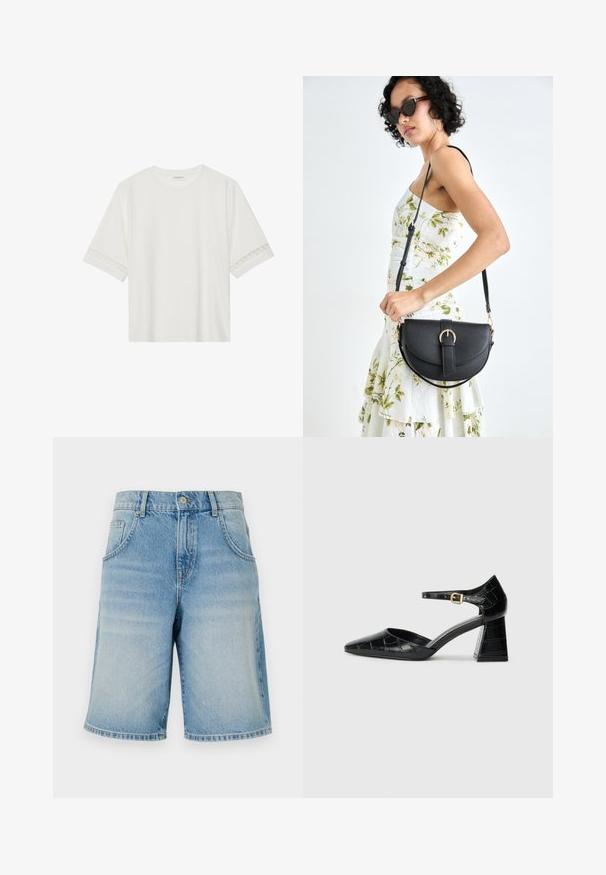 T-shirt branco de manga curta feito de algodão, com bainha de renda decorativa nas mangas e decote redondo.; Calções de ganga azul claro com corte reto, design de cinco bolsos e fecho de botão na cintura. Textura desbotada por toda a parte.; Sapato de salto alto em couro envernizado preto com bico apontado, tira no tornozelo e padrão texturizado de crocodilo. Design de salto quadrado.; Bolsa de couro preta com forma curva, alça destacável e detalhes em dourado. A bolsa possui uma aba com detalhe de fivela.