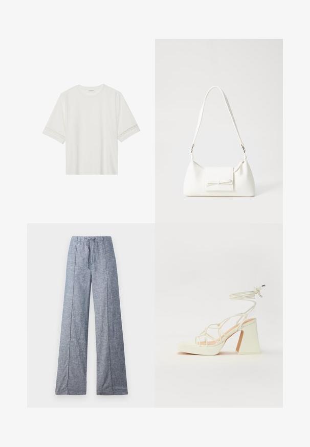 Bela kratka majica s kratkimi rokavi iz bombaža, okrašena z dekorativnim čipkastim robom ob rokavih in okroglo izrezom.; Hlače širokih nogavic iz svetlo modrega blaga z subtilno teksturo, s elastičnim pasom in vrvico za prilagoditev.; Bela sandala na visokih petah s debelim petam, ki ima obliko trakcev in vezanje okoli gležnja. Gladka tekstura z platformo spredaj za dodatno višino.; Bela sintetična torbica v obliki trikotnika, z ravnim sprednjim poklopcem in detajlom mašne, nastavljivim trakom, gladko teksturo in minimalističnim dizajnom.