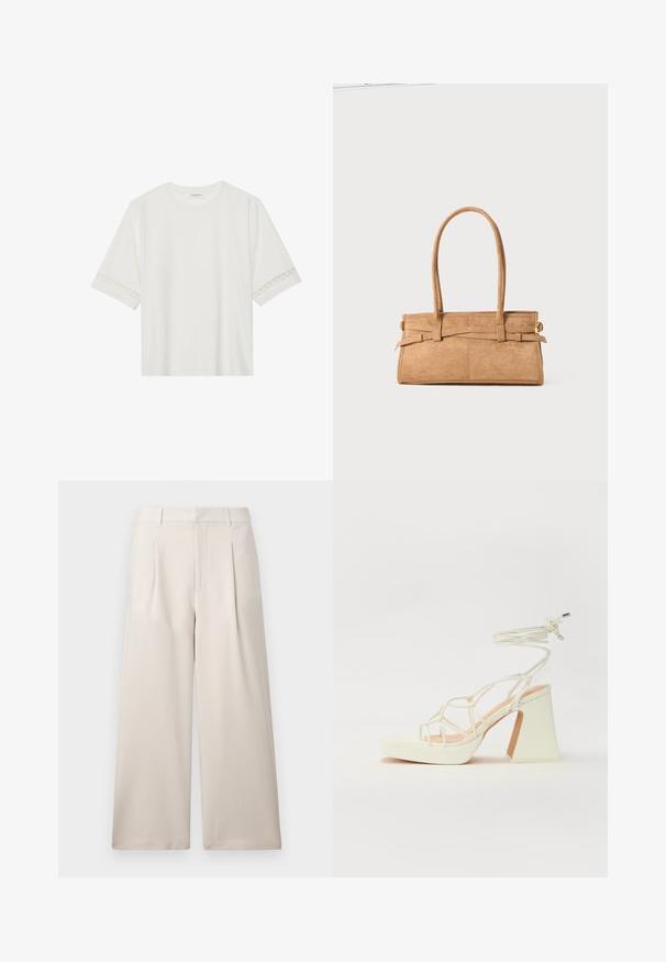 Valge lühikese varrukaga T-särk, mis on valmistatud puuvillast, kaunistatud pitsiga varrukate ääres ja ümmarguse kaelusega.; ONLY ONLLANDO PLEAT CULOTTE PANT - Püksid - pumice stone; Valged kõrge kontsaga sandaalid, millel on paks konts ja rihmadega disain koos pahkluu sidumisega. Sile tekstuur ja platvorm ees, et lisada kõrgust.; Karamelli suède käekott, millel on kaks pikka sangad, ristküliku kuju ja dekoratiivne õmblus. Omab külgrihma ja diskreetseid kuldseid detailide aktsente.