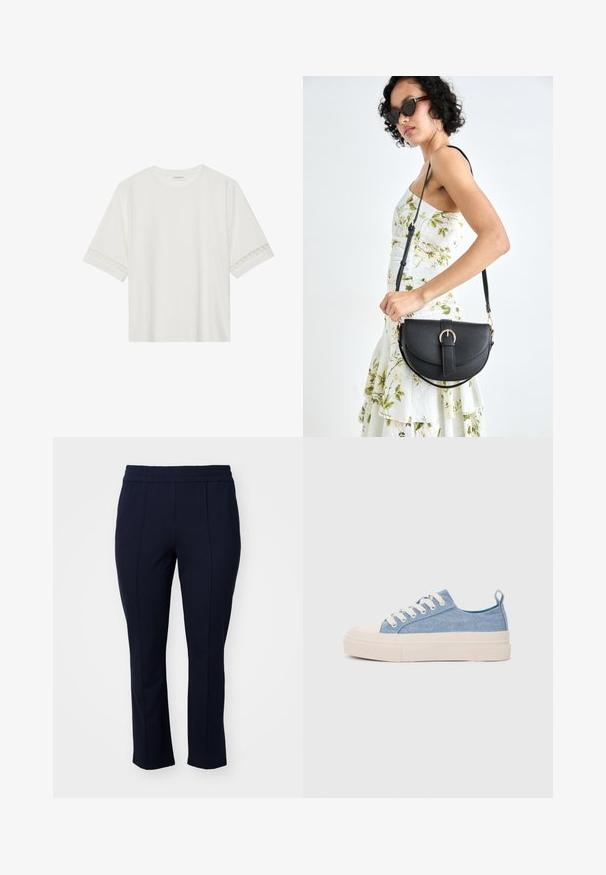 Balta īsām piedurknēm T-kreklu, izgatavotu no kokvilnas, ar dekoratīvu mežģīņu apdari ap piedurknēm un apaļu kakla izgriezumu.; Tumši zilo stilu elastīgās bikses ar elastīgu jostu, kurām ir priekšējā šuve un sašaurināta kāju dizains. Gluda, maiga auduma tekstūra.; Gaiši zili kanvas sneakeri ar krēmkrāsas gumijas pirksta aizsargu un ārējo zoli, aprīkoti ar baltām šņorēm un cilpu uz papēža.; Melnas ādas rokassoma ar izliekta formu, noņemamu siksnu un zelta aksesuāriem. Somai ir vāciņš ar sprādzes detaļu.