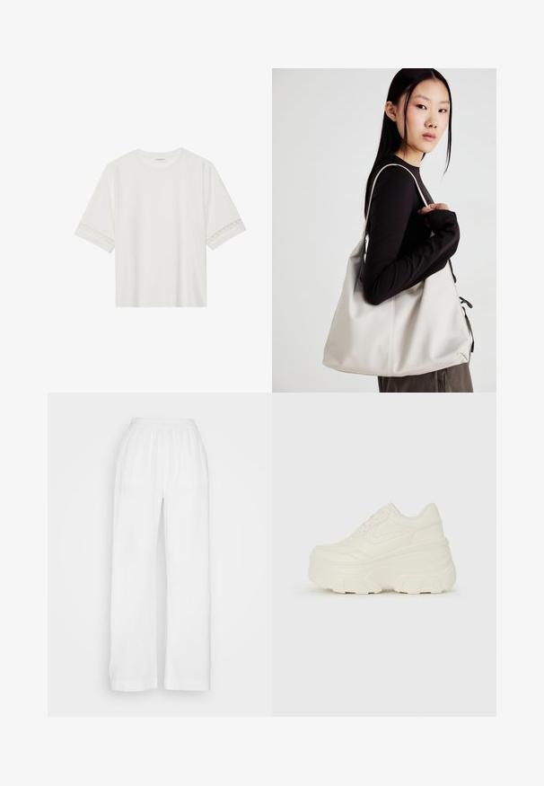 Camiseta blanca de manga corta hecha de algodón, con un ribete decorativo de encaje en las mangas y un escote redondo.; Pantalones blancos de pierna ancha, hechos de un tejido ligero y texturizado, con una cinturilla elástica. Cuenta con un corte holgado, piernas rectas y sin bolsillos.; Zapatillas de plataforma blancas con un upper suave similar al cuero, forma redondeada, cuello acolchado y suela de goma texturizada con surcos definidos.; Bolso de mano beige hecho de material suave, con un diseño holgado, detalles cosidos y dos asas. Adecuado para uso diario.