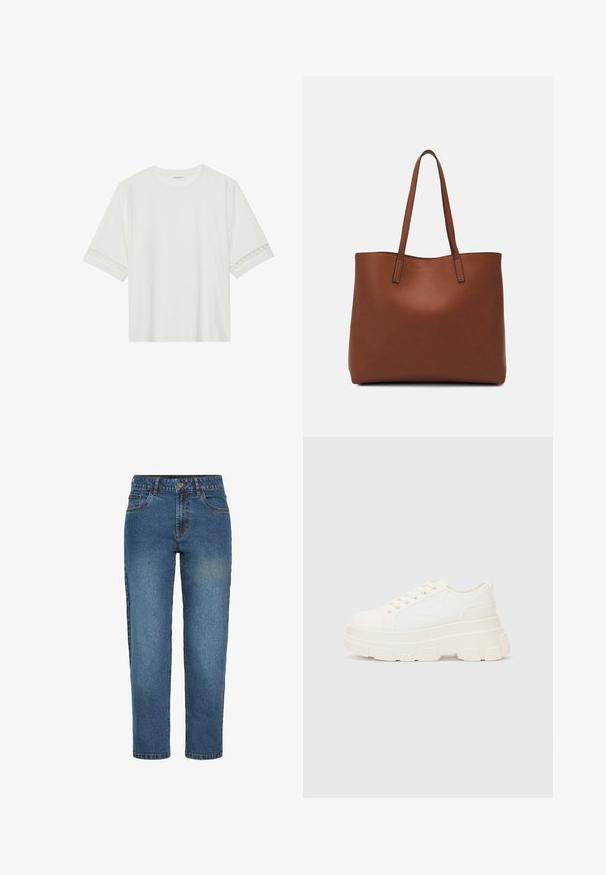 Valge lühikese varrukaga T-särk, mis on valmistatud puuvillast, kaunistatud pitsiga varrukate ääres ja ümmarguse kaelusega.; Sinine teksapüksid kõrge vöökohaga, sirge jala lõikega ja kontrastsete õmblustega. Omab viit taskut ning ees on nööpidega kinnitamine.; Valge kangast tennis, millel on paks tald, ümar varvas ja viis augukeed lakkide jaoks. Tagumine silt lihtsaks jalga panemiseks. Sile tekstuur, minimalistik disain.; Pruun nahast tote-kott, millel on sile tekstuur, avatud ülaosa disain ja kaks õlarihma. Omab minimaalset õmblust ja nähtavat riistvara ei ole.