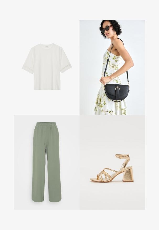 Hvit t-skjorte med kort erme laget av bomull, med dekorativ blondekant langs ermene og en rund halslinning.; Lys grønne, vide bukser med elastisk talje, laget av et strukturert stoff. Har myk drapering og en avslappet passform.; Gyldne metalliske hæle-sandaler med en strappy design, kvadratisk blokhælhæl og justerbar ankelrem med spænde. Glat tekstur.; Svart lærveske med en buet form, avtagbar stropp og gullbeslag. Vesken har et klaff med spenne-detall.