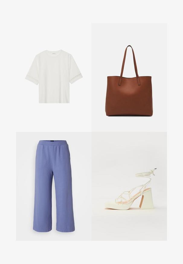 Hvit t-skjorte med kort erme laget av bomull, med dekorativ blondekant langs ermene og en rund halslinning.; Lyse lilla vide bukser med elastisk talje og struktureret stof. Har en afslappet pasform uden synlige lommer eller pynt.; Hvit høyhælte sandal med kraftig hæl, med en stroppe-design og ankelbånd. Glatt tekstur med plattform foran for ekstra høyde.; Brun lær tote veske med en jevn tekstur, åpen toppdesign og to skulderstropper. Har minimal søm og ingen synlige spiker.