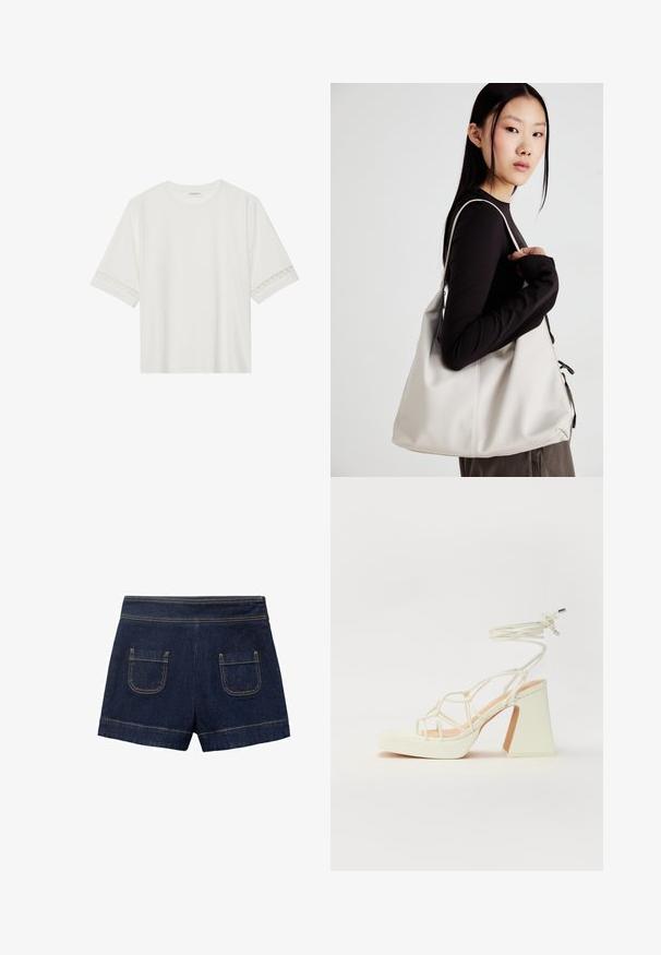 Biele tričko s krátkym rukávom vyrobené z bavlny, s dekoratívnym čipkovým lemovaním pozdĺž rukávov a okrúhlym výstrihom.; Džínové šortky v tmavomodrej farbe s priliehavým pásom, dvoma zadnými vreckami a svetlohnedým prešívaním pozdĺž švov. Zložený lem na spodnej strane.; Biele sandále na vysokom opätku s hrubým podpätkom, s pruhovaným dizajnom a viazaním na členku. Hladký povrch s platformou vpredu pre zvýšenú výšku.; Béžová kabelka vyrobená z mäkkého materiálu, s uvoľneným dizajnom, prišitými detailmi a dvoma popruhmi na nosenie na pleciach. Vhodná na každodenné nosenie.