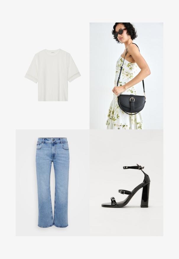 Balta īsām piedurknēm T-kreklu, izgatavotu no kokvilnas, ar dekoratīvu mežģīņu apdari ap piedurknēm un apaļu kakla izgriezumu.; Gai zili platās kājas džinsi, izgatavoti no denima, ar piecām kabatām, priekšējo rāvējslēdzēju un pogu aizdari. Smalki šuvumi gar šuvēm.; Melnas lakotas augstpapēžu čības ar kvadrāta purngalu, potīšu siksniņām un sudraba sprādzēm. Aprīkotas ar masīvu bloku papēdi stabilitātei.; Melnas ādas rokassoma ar izliekta formu, noņemamu siksnu un zelta aksesuāriem. Somai ir vāciņš ar sprādzes detaļu.