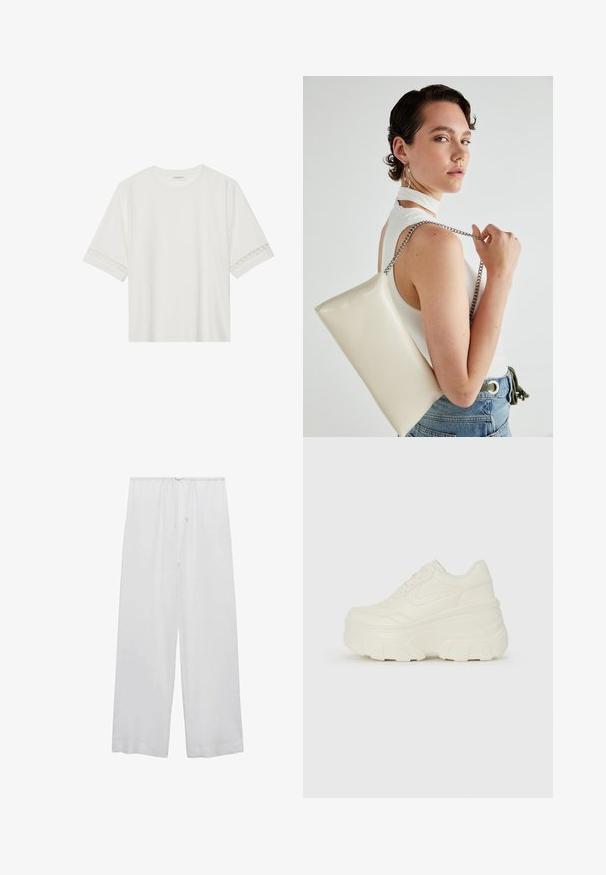 Biele tričko s krátkym rukávom vyrobené z bavlny, s dekoratívnym čipkovým lemovaním pozdĺž rukávov a okrúhlym výstrihom.; Biele široké nohavice z ľahkej tkaniny, s elastickým pásom a šnúrkou na nastavenie veľkosti.; Biele platformové tenisky s hladkým koženkovým svrchným materiálom, zaobleným tvarom, polstrovaným golierom a textúrovanou gumovou podrážkou s výrazným vzorom.; Biely obdĺžnikový kabelka z lesklého materiálu s strieborným reťazovým popruhom. Model predvádza kabelku na jednotnom pozadí.