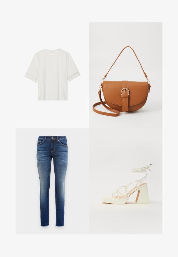 Balta īsām piedurknēm T-kreklu, izgatavotu no kokvilnas, ar dekoratīvu mežģīņu apdari ap piedurknēm un apaļu kakla izgriezumu.; Tievās džinsos no denima ir gradienta mazgāšanas efekts no tumši zilas līdz gaiši zilai, piecu kabatu dizains un plīsuši noslēgumi pie potītēm.; Baltas augstpapēžu sandales ar masīvu papēdi, ar siksnu dizainu un potītes saistītiem elementiem. Gluda tekstūra ar platformu priekšpusē, lai nodrošinātu papildu augstumu.; Brūns ādas plecu soma ar izliekta formu, zelta piederumiem un sprādzes akcentu. Iesaiņota ar noņemamu plecu siksnu.