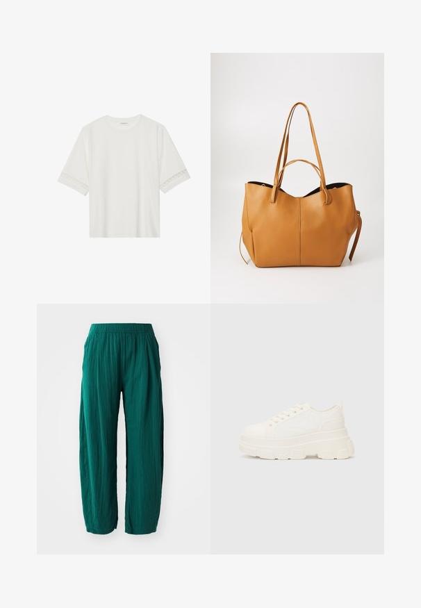 Hvit t-skjorte med kort erme laget av bomull, med dekorativ blondekant langs ermene og en rund halslinning.; GAP WIDE LEG EASY PANT GAUZE - Bukse - rain forest; Hvit kanvas sneakers med chunky såle, avrundet tå og fem hull for snøringer. Bakre tab for enkel påkledning. Glatt tekstur, minimalistisk design.; Brun skinnveske med teksturert overflate, bred åpning og to lange håndtak. Har et enkelt design og minimalt med beslag.