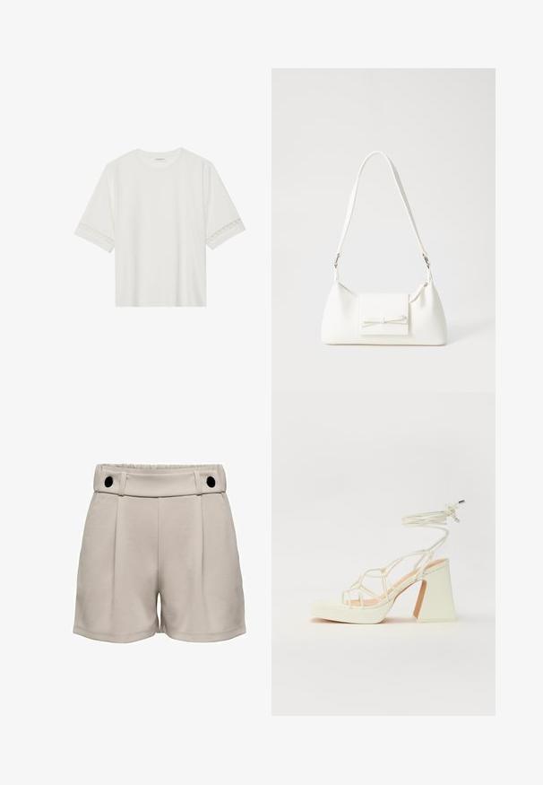 Tricou alb cu mânecă scurtă, confecționat din bumbac, cu dantelă decorativă pe marginea mânecilor și un guler rotund.; Shorts bej deschis, cu talie înaltă, față pliată și două nasturi negri la brâu. Textură moale și design casual.; Sandale albe cu toc înalt și gros, cu un design cu curele și legătură la gleznă. Textură netedă, cu o platformă frontală pentru înălțime suplimentară.; Geantă sintetică albă, cu formă triangulară, capac frontal plat și detaliu cu fundă, curea ajustabilă, textură netedă și design minimalist.