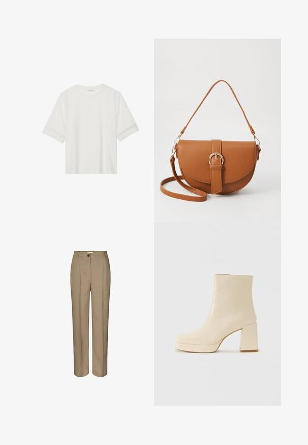 T-shirt blanc à manches courtes en coton, avec des bordures en dentelle décoratives le long des manches et un col rond.; Pantalons taillés beiges avec une coupe droite, dotés d'une fermeture à bouton simple et de plis avant sobres. Confectionnés dans un tissu lisse.; Botte chelsea en cuir beige avec un talon bloc et une semelle à plateforme, finition lisse et pointe légèrement carrée, tournée vers la gauche sur un fond blanc.; Sac bandoulière en cuir marron avec une forme incurvée, quincaillerie dorée et un accent en boucle. Comprend une bandoulière détachable.