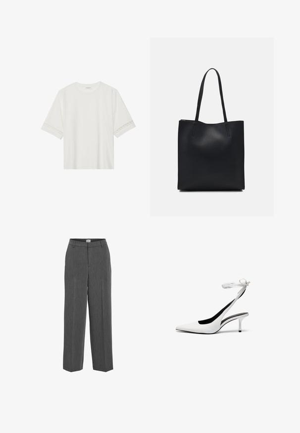 Hvit t-skjorte med kort erme laget av bomull, med dekorativ blondekant langs ermene og en rund halslinning.; Grå skreddersydde bukser med rett ben-design, flat front og subtile teksturer. Har en midje med beltehemper og ingen synlige lommer.; Hvite spisse slingback-hæler med tynn ankelrem. Glatt lærmateriale, tynn stiletthæl og svart innvendig foring.; Svart lær tote bag med glatt tekstur, rektangulær form og to lange håndtak. Ingen synlige deler eller dekorasjoner.