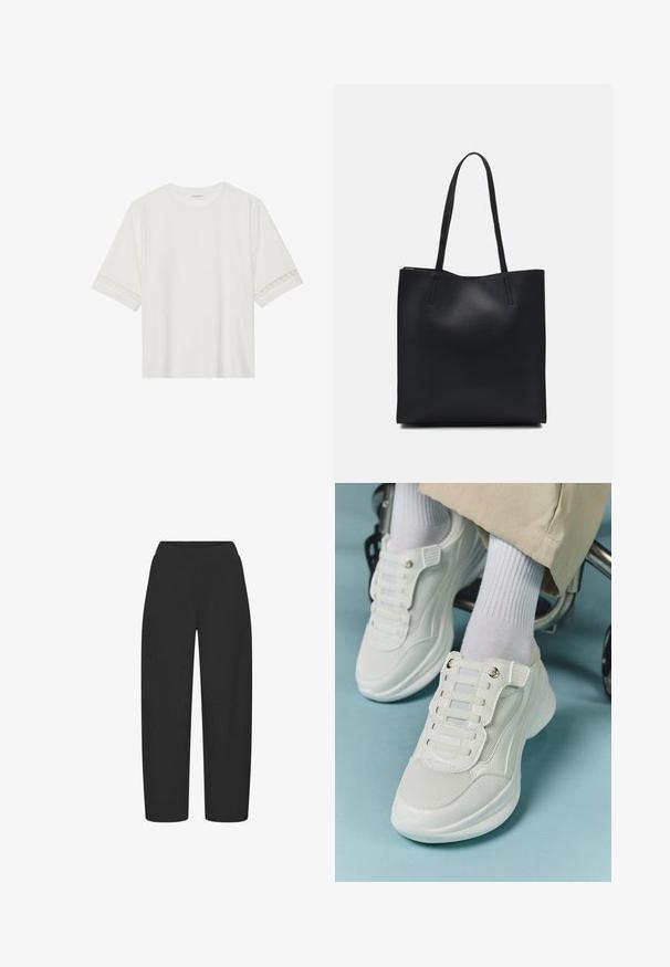 Witte korte mouwen t-shirt van katoen, met een decoratieve kantafwerking langs de mouwen en een ronde halslijn.; Zwarte wijde broek gemaakt van een soepele, rekbare stof, met een hoge tailleband en zonder zichtbare hardware of patronen.; Witte sneakers met een mesh materiaal, rubberen zool, vetersloze uitvoering met elastische banden en gouden accenten.; Zwarte leren handtas met een gladde textuur, rechthoekige vorm en twee lange handvaten. Geen zichtbare hardware of versieringen.