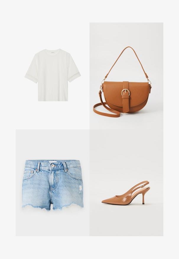 Balta īsām piedurknēm T-kreklu, izgatavotu no kokvilnas, ar dekoratīvu mežģīņu apdari ap piedurknēm un apaļu kakla izgriezumu.; Gaiši zili denima šorti ar saplēstu mali, piecu kabatu dizainu un nelielu nodilumu priekšpusē. Metāla pogas aizdare.; Izteikts pirksta siksnas zābaks, izgatavots no gludas, spīdīgas brūnas materiāla. Piedāvā izliekta izgriezuma dizainu un smalku stiletto papēdi. Sudraba sprādze.; Brūns ādas plecu soma ar izliekta formu, zelta piederumiem un sprādzes akcentu. Iesaiņota ar noņemamu plecu siksnu.