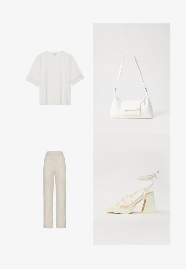 Weißes T-Shirt mit kurzen Ärmeln aus Baumwolle, mit dekorativem Spitzenbesatz entlang der Ärmel und einem runden Ausschnitt.; Helle beige Grobstrickhosen mit einem breiten Bund, die erhabene, strukturierte Muster aufweisen und eine lässige, gerade Passform haben.; Weiße High-Heel-Sandale mit einem klobigen Absatz, die über ein Riemchendesign und ein Knöchelband verfügt. Glatte Textur mit einer Plattform vorne für zusätzliche Höhe.; Weiße synthetische Handtasche in dreieckiger Form, flache Vorderklappe und Schleifendetail, verstellbarer Trageriemen, glatte Textur und minimalistisches Design.