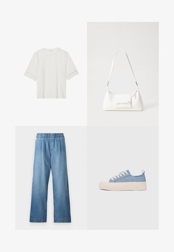 Fehér, rövid ujjas póló, pamutból készült, díszes csipkés szegéllyel az ujjak mentén és kerek nyakkivágással.; Világoskék farmernadrág rugalmas derékkal, széles lábakkal és finom textúrával. Nincsenek látható zsebek vagy díszítések.; Világoskék vászon sportcipők, krémszínű gumitippel és talppal, fehér fűzőkkel és egy húzófüllel a sarkán.; Fehér szintetikus kézitáska, háromszög alakú, lapos előlap, masni részlettel, állítható pánttal, sima textúrával és minimalista dizájnnal.