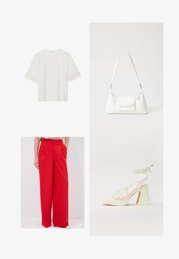 Bílé tričko s krátkým rukávem vyrobené z bavlny, s dekorativní krajkovou aplikací na rukávech a kulatým výstřihem.; Červené kalhoty s širokými nohavicemi a vysokým pasem, s ostrými sklady a bočními kapsami, vyrobené z hladkého materiálu. Spodní lem kalhot končí nad botami.; Bílé sandály na vysokém podpatku s robustním podpatkem, s designem s pásky a zavazováním kolem kotníku. Hladký povrch s platformou vpředu pro zvýšení výšky.; Bílá syntetická kabelka v trojúhelníkovém tvaru, s plochým předním klopným víkem a detailem mašle, nastavitelným popruhem, hladkým povrchem a minimalistickým designem.