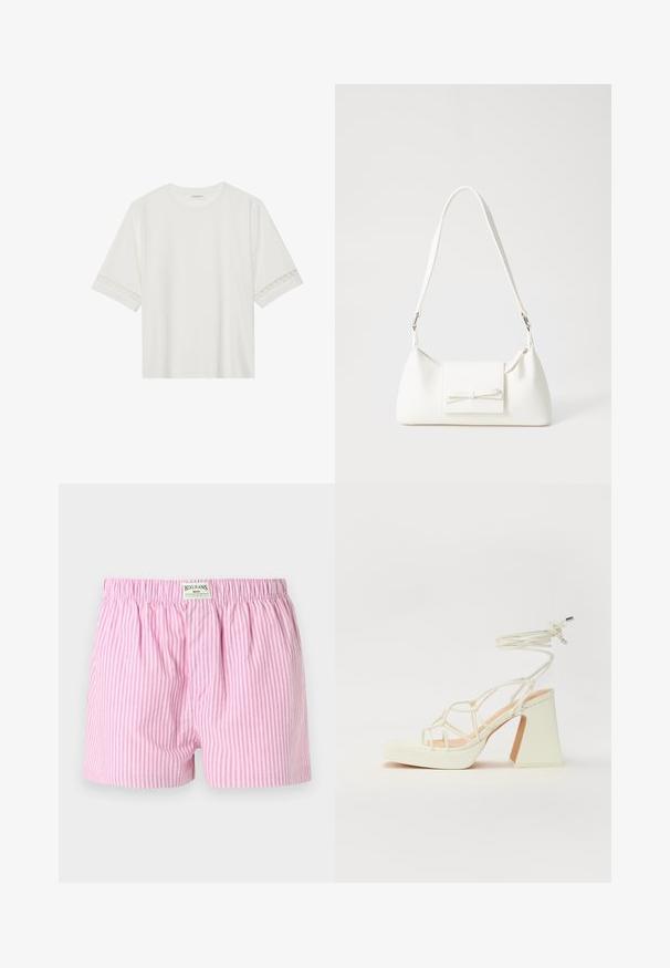 Hvit t-skjorte med kort erme laget av bomull, med dekorativ blondekant langs ermene og en rund halslinning.; BDG Urban Outfitters STRIPE BOXER - Shorts - pink; Hvit høyhælte sandal med kraftig hæl, med en stroppe-design og ankelbånd. Glatt tekstur med plattform foran for ekstra høyde.; Hvit syntetisk håndveske med trekantet form, flat klaff foran og sløyfe detaljer, justerbar stropp, glatt tekstur og minimalistisk design.