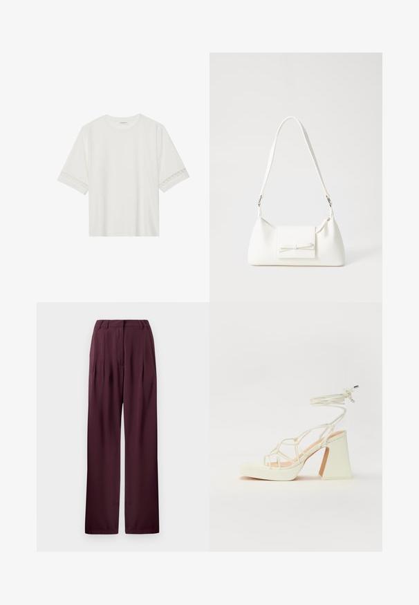 Valge lühikese varrukaga T-särk, mis on valmistatud puuvillast, kaunistatud pitsiga varrukate ääres ja ümmarguse kaelusega.; Tumedast puuvillased kõrge vöökoht ja laiad pükse, millel on vöökohas silmused ja volditud esiosa.; Valged kõrge kontsaga sandaalid, millel on paks konts ja rihmadega disain koos pahkluu sidumisega. Sile tekstuur ja platvorm ees, et lisada kõrgust.; Valge sünteetilisest materjalist kott kolmnurkse kujuga, lame esiklapiga ja kaaredetailiga, reguleeritava rihmaga, sileda tekstuuriga ja minimalistliku disainiga.