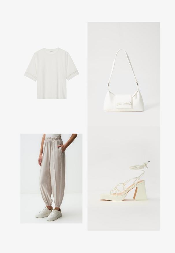 Weißes T-Shirt mit kurzen Ärmeln aus Baumwolle, mit dekorativem Spitzenbesatz entlang der Ärmel und einem runden Ausschnitt.; Helle beige, locker sitzende Hose mit gerafftem Bund und elastischen Bündchen, ausgestattet mit Seitentaschen und glatter Textur, kombiniert mit weißen Sneakers.; Weiße High-Heel-Sandale mit einem klobigen Absatz, die über ein Riemchendesign und ein Knöchelband verfügt. Glatte Textur mit einer Plattform vorne für zusätzliche Höhe.; Weiße synthetische Handtasche in dreieckiger Form, flache Vorderklappe und Schleifendetail, verstellbarer Trageriemen, glatte Textur und minimalistisches Design.