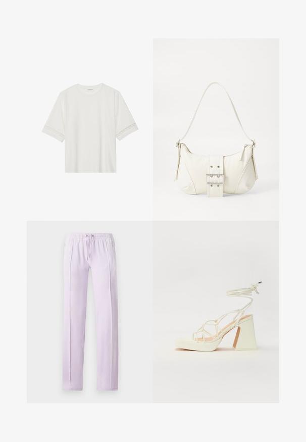 Balta īsām piedurknēm T-kreklu, izgatavotu no kokvilnas, ar dekoratīvu mežģīņu apdari ap piedurknēm un apaļu kakla izgriezumu.; Lavandas sporta bikses ar elastīgu jostasvietu un auklu. Iespējas taisni mati un sānu vīles. Mīksta, gluda tekstūra. Nav rakstu vai akcentu.; Baltas augstpapēžu sandales ar masīvu papēdi, ar siksnu dizainu un potītes saistītiem elementiem. Gluda tekstūra ar platformu priekšpusē, lai nodrošinātu papildu augstumu.; Balts plecu soma ar teksturētu apdari, centrālu sprādzi un izliekta forma. Ražota ar rāvējslēdzēja aizdares abās pusēs.