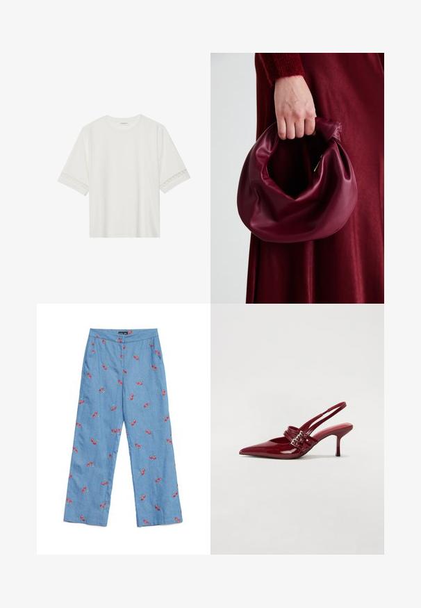 Λευκό κοντομάνικο μπλουζάκι φτιαγμένο από βαμβάκι, με διακοσμητική δαντέλα κατά μήκος των μανικιών και στρογγυλή λαιμόκοψη.; Ανοιχτό μπλε τζιν παντελόνι με κέντημα κόκκινων κερασιών σε όλη την επιφάνεια, φαρδιά γραμμή και επίπεδη μέση με τσέπες.; Κόκκινα παπούτσια slingback από πατεντέ δέρμα με μυτερή μύτη, δύο λουράκια με πόρπες και λεπτό, μεσαίου ύψους στυλέτο τακούνι. Λείος υφασμάτινος σχεδιασμός.; Μαρέν δερμάτινη τσάντα χειρός με μαλακό, συγκεντρωμένο σχέδιο και στρογγυλό σχήμα. Η λαβή είναι ασφαλισμένη, παρουσιάζοντας μια λεία υφή.