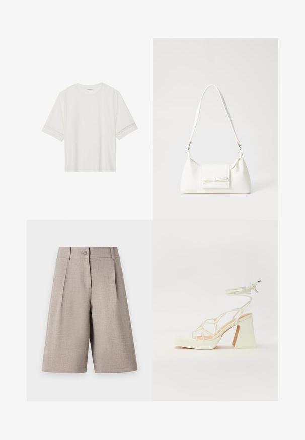 White short-sleeve t-shirt made from cotton, featuring decorative lace trim along the sleeves and a round neckline.; Beige tailored shorts with pleats, featuring a button closure and smooth texture, designed for a structured, modern silhouette.; White high-heeled sandal with a chunky heel, featuring a strappy design and ankle tie. Smooth texture with a platform front for added height.; White synthetic handbag with a triangular shape, flat front flap and bow detail, adjustable strap, smooth texture, and minimalistic design.