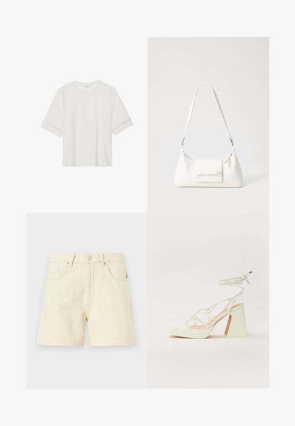 Biele tričko s krátkym rukávom vyrobené z bavlny, s dekoratívnym čipkovým lemovaním pozdĺž rukávov a okrúhlym výstrihom.; Krémové džínsy s rovnými nohavicami, s predným zapínaním na gombík, dvoma prednými vreckami a mäkkou, textúrovanou tkaninou.; Biele sandále na vysokom opätku s hrubým podpätkom, s pruhovaným dizajnom a viazaním na členku. Hladký povrch s platformou vpredu pre zvýšenú výšku.; Biela syntetická kabelka s trojuholníkovým tvarom, plochým predným klapkou a detailom mašle, nastaviteľným popruhom, hladkou textúrou a minimalistickým dizajnom.