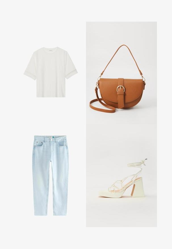Vit kortärmad t-shirt i bomull, med dekorativa spetsdetaljer längs ärmarna och rund halsringning.; Ljusblå raka jeans gjorda av denim med en blekt finish, med två framfickor, kontrasterande sömnad och knäppning.; Vit högklackad sandal med en kraftig klack, med ett remdesign och ankelband. Slät textur med en plattform framtill för ökad höjd.; Brun läder crossbody-väska med en böjd form, gyllene detaljer och en spänneaccent. Har en avtagbar axelrem.