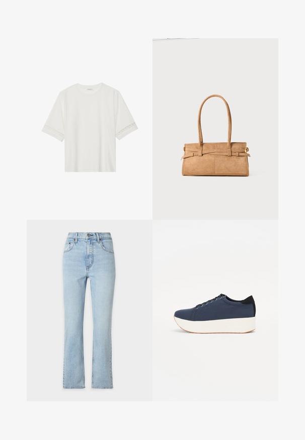 White short-sleeve t-shirt made from cotton, featuring decorative lace trim along the sleeves and a round neckline.; Light blue denim jeans with a high waist, straight leg design, subtle whiskering, and contrast stitching details. Classic button and zipper closure.; Navy blue sneaker with a textured fabric upper, white platform sole, rounded toe, and black heel accent. Features six eyelets for laces.; Tan suede handbag with two long handles, rectangular shape, and decorative stitching. Features a side strap and subtle gold hardware accents.