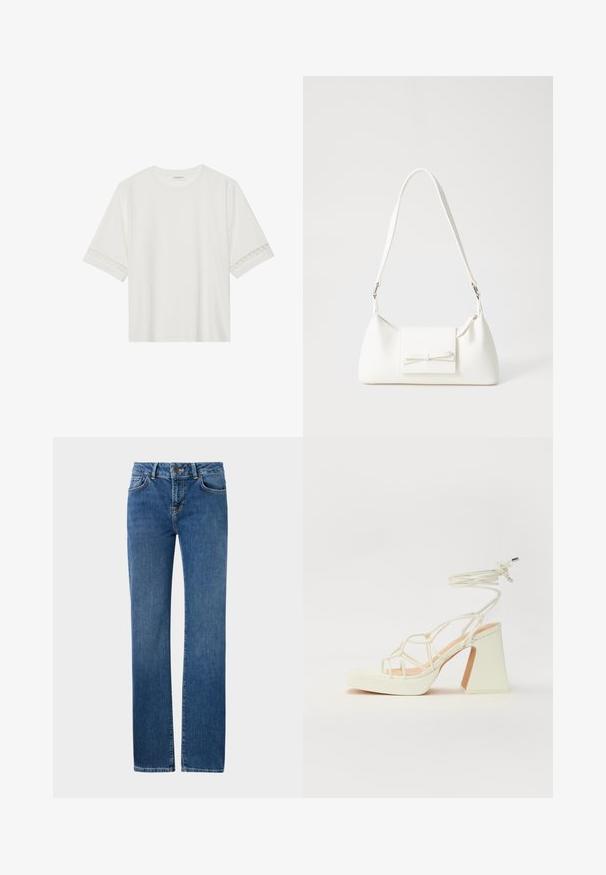 Valge lühikese varrukaga T-särk, mis on valmistatud puuvillast, kaunistatud pitsiga varrukate ääres ja ümmarguse kaelusega.; Sinised teksapüksid sirge säärega disainiga. Omadusteks on nupuga sulgemine, vöökohad ja ees olevad taskud. Kerge kulumine reitel.; Valged kõrge kontsaga sandaalid, millel on paks konts ja rihmadega disain koos pahkluu sidumisega. Sile tekstuur ja platvorm ees, et lisada kõrgust.; Valge sünteetilisest materjalist kott kolmnurkse kujuga, lame esiklapiga ja kaaredetailiga, reguleeritava rihmaga, sileda tekstuuriga ja minimalistliku disainiga.