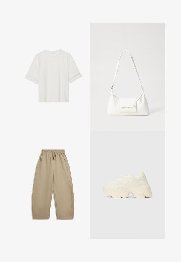 Bela kratka majica s kratkimi rokavi iz bombaža, okrašena z dekorativnim čipkastim robom ob rokavih in okroglo izrezom.; Bež hlače širokih nogavic iz mehkega materiala, z elastičnim pasom in vrvico ter stranskima žepoma. Gladka tekstura, preprost dizajn.; Debele bele športne copate, izdelane iz teksturirane mrežaste in sintetične materialov, z debelim podplatom in zapletenimi vzorčičnimi detajli ob straneh.; Bela sintetična torbica v obliki trikotnika, z ravnim sprednjim poklopcem in detajlom mašne, nastavljivim trakom, gladko teksturo in minimalističnim dizajnom.