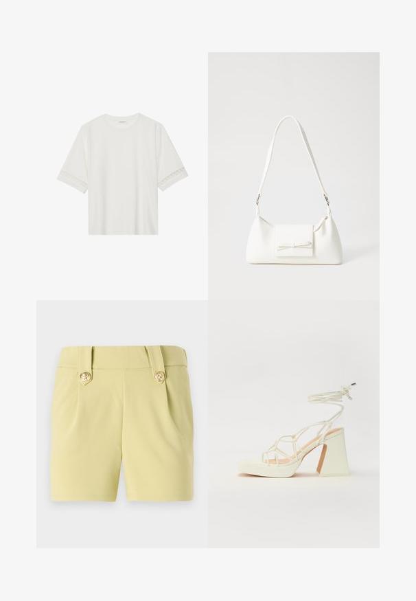 T-shirt blanc à manches courtes en coton, avec des bordures en dentelle décoratives le long des manches et un col rond.; Shorts jaune clair en tissu lisse, avec deux plis à l'avant et des boutons décoratifs dorés sur la taille. Design ajusté.; Sandale blanche à talons hauts avec un talon épais, présentant un design à lanières et un lien autour de la cheville. Texture lisse avec une plateforme à l'avant pour une hauteur supplémentaire.; Sac à main synthétique blanc en forme triangulaire, avec un rabat avant plat et un détail en nœud, une bandoulière ajustable, une texture lisse et un design minimaliste.