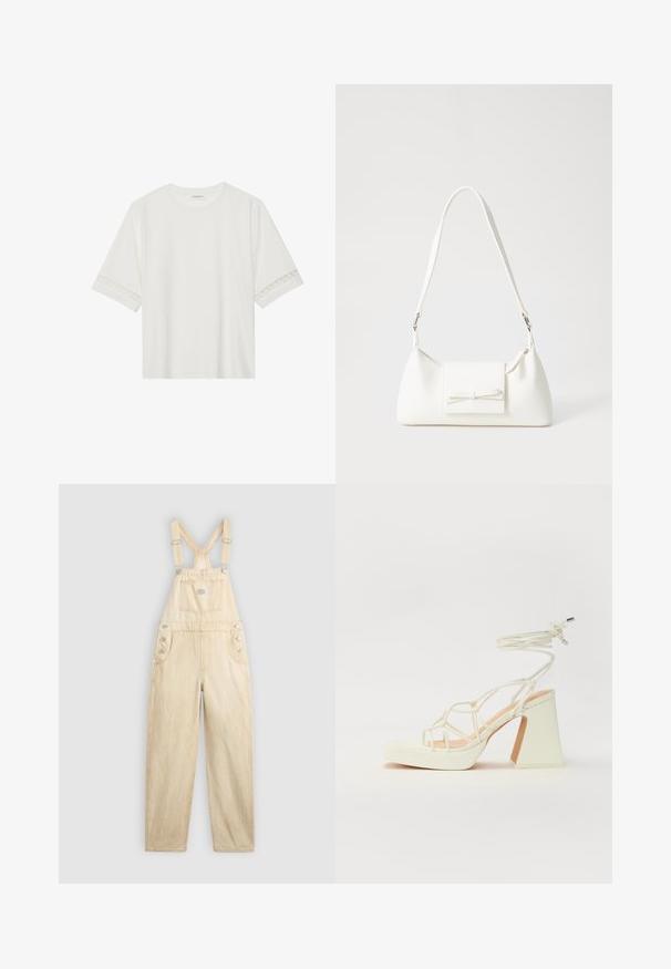 Tricou alb cu mânecă scurtă, confecționat din bumbac, cu dantelă decorativă pe marginea mânecilor și un guler rotund.; Salopetă de denim bej deschis, cu un buzunar pătrat, bretele ajustabile, butoane tip snap pe lateral și tăietură largă a piciorului.; Sandale albe cu toc înalt și gros, cu un design cu curele și legătură la gleznă. Textură netedă, cu o platformă frontală pentru înălțime suplimentară.; Geantă sintetică albă, cu formă triangulară, capac frontal plat și detaliu cu fundă, curea ajustabilă, textură netedă și design minimalist.
