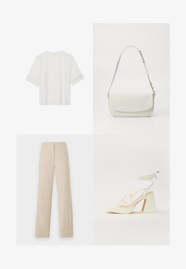 Bílé tričko s krátkým rukávem vyrobené z bavlny, s dekorativní krajkovou aplikací na rukávech a kulatým výstřihem.; Beige lněné kalhoty se rovnými nohavicemi a hladkým povrchem, se zapínáním na zip vpředu, poutky na opasek a jemně přitlačovanými záhyby pro upravený vzhled.; Bílé sandály na vysokém podpatku s robustním podpatkem, s designem s pásky a zavazováním kolem kotníku. Hladký povrch s platformou vpředu pro zvýšení výšky.; Bílá kožená kabelka přes rameno s hladkým povrchem, obdélníkovým tvarem, klopovým zapínáním a nastavitelným popruhem. Jednoduché švy.