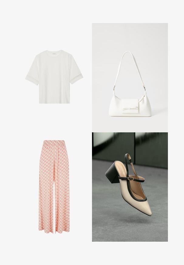Valge lühikese varrukaga T-särk, mis on valmistatud puuvillast, kaunistatud pitsiga varrukate ääres ja ümmarguse kaelusega.; Heledad roosa laiad püksid, millel on vahelduvad šeeritud mustrid, ja mugavuseks elastne vöökoht.; Beesidega teravatoe slingback king, musta äär ja kuldne pandla, tummise plokk-kontsa peal hallil põrandal tumesinise tausta ees.; Valge sünteetilisest materjalist kott kolmnurkse kujuga, lame esiklapiga ja kaaredetailiga, reguleeritava rihmaga, sileda tekstuuriga ja minimalistliku disainiga.