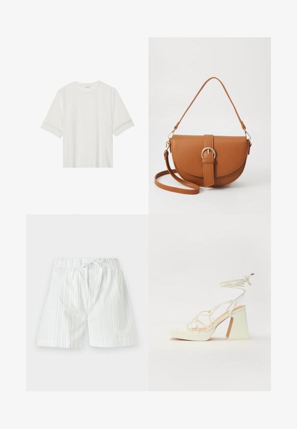 Balta īsām piedurknēm T-kreklu, izgatavotu no kokvilnas, ar dekoratīvu mežģīņu apdari ap piedurknēm un apaļu kakla izgriezumu.; Vīriešu šorti, kas izgatavoti no viegla auduma, ar vertikālām svītrām gaismas zilā un baltā krāsā, ar elastīgu jostu un auklu.; Baltas augstpapēžu sandales ar masīvu papēdi, ar siksnu dizainu un potītes saistītiem elementiem. Gluda tekstūra ar platformu priekšpusē, lai nodrošinātu papildu augstumu.; Brūns ādas plecu soma ar izliekta formu, zelta piederumiem un sprādzes akcentu. Iesaiņota ar noņemamu plecu siksnu.