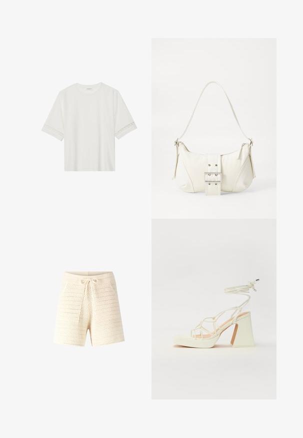 Balta īsām piedurknēm T-kreklu, izgatavotu no kokvilnas, ar dekoratīvu mežģīņu apdari ap piedurknēm un apaļu kakla izgriezumu.; Krēmkrāsas adīti šorti ar teksturētu, atvērtu audumu. Satur auklu viduklī un divas priekšējās kabatas. Ikdienišķs dizains, vidēji garš modelis.; Baltas augstpapēžu sandales ar masīvu papēdi, ar siksnu dizainu un potītes saistītiem elementiem. Gluda tekstūra ar platformu priekšpusē, lai nodrošinātu papildu augstumu.; Balts plecu soma ar teksturētu apdari, centrālu sprādzi un izliekta forma. Ražota ar rāvējslēdzēja aizdares abās pusēs.
