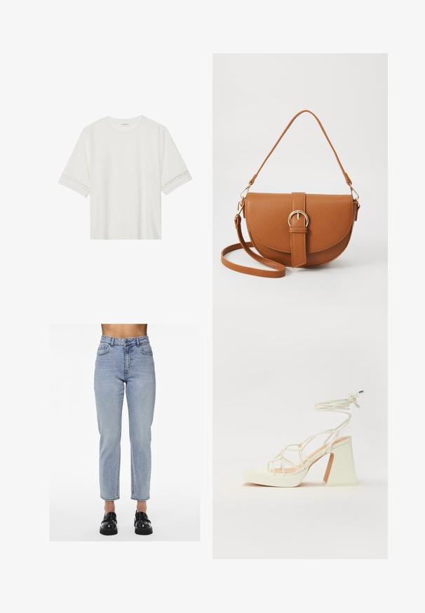 T-shirt branco de manga curta feito de algodão, com bainha de renda decorativa nas mangas e decote redondo.; Calças de ganga de cintura alta, azul claro, com um corte reto. Apresenta bolsos frontais e fecho de botão. O material mostra um leve desvanecimento e textura.; Sandálias brancas de salto alto com um salto robusto, apresentando um design com tiras e amarração no tornozelo. Textura suave com uma plataforma na frente para altura adicional.; Bolsa transversal de couro castanho com um formato curvado, ferragens douradas e um detalhe de fivela. Inclui uma alça de ombro destacável.
