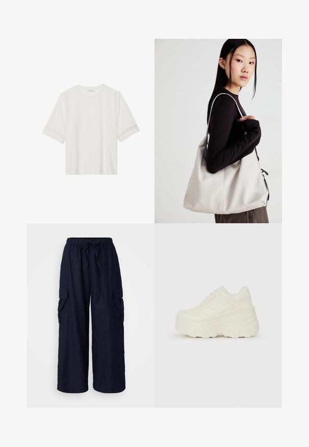 Tricou alb cu mânecă scurtă, confecționat din bumbac, cu dantelă decorativă pe marginea mânecilor și un guler rotund.; Pantaloni cargo bleumarin cu o croială lejeră, talie elastică cu șnur și două buzunare laterale. Construiți dintr-un material ușor.; Adidași platformă albi, cu un superior neted asemănător cu pielea, formă rotunjită, guler căptușit și talpă din cauciuc texturată cu borduri bine definite.; Geantă bej din material moale, cu un design lejer, detalii cusute și două bretele pentru umăr. Potrivită pentru utilizarea zilnică.