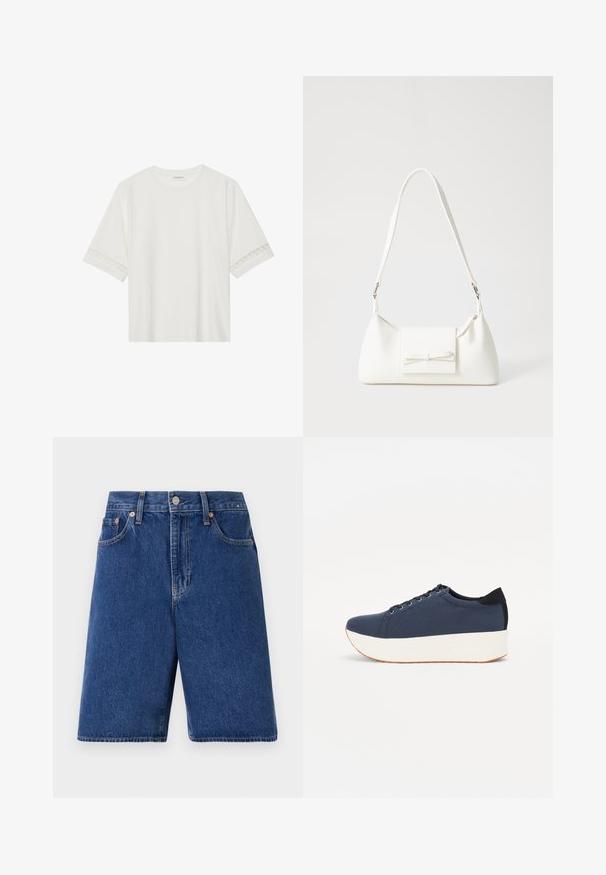 T-shirt blanc à manches courtes en coton, avec des bordures en dentelle décoratives le long des manches et un col rond.; Shorts en denim bleu foncé avec une coupe classique, design à cinq poches et surpiqûres orange. Finition avec un bouton frontal et une fermeture éclair.; Baskets bleu marine avec un upper en tissu texturé, semelle plateforme blanche, bout arrondi et accent noir au talon. Dispose de six œillets pour les lacets.; Sac à main synthétique blanc en forme triangulaire, avec un rabat avant plat et un détail en nœud, une bandoulière ajustable, une texture lisse et un design minimaliste.