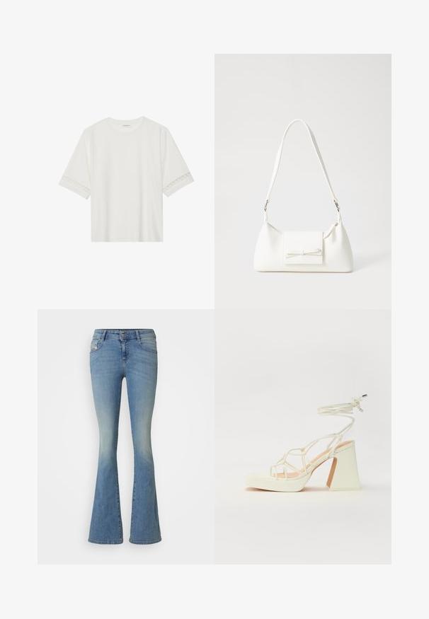 Weißes T-Shirt mit kurzen Ärmeln aus Baumwolle, mit dekorativem Spitzenbesatz entlang der Ärmel und einem runden Ausschnitt.; Helle blaue Schlagjeans aus Denim mit einem verwaschenen Effekt. Sie verfügen über einen Knopfverschluss, fünf Taschen und sichtbare Nähte entlang der Nähte.; Weiße High-Heel-Sandale mit einem klobigen Absatz, die über ein Riemchendesign und ein Knöchelband verfügt. Glatte Textur mit einer Plattform vorne für zusätzliche Höhe.; Weiße synthetische Handtasche in dreieckiger Form, flache Vorderklappe und Schleifendetail, verstellbarer Trageriemen, glatte Textur und minimalistisches Design.