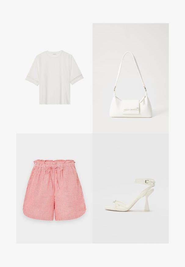 T-shirt branco de manga curta feito de algodão, com bainha de renda decorativa nas mangas e decote redondo.; Calças de banho às riscas vermelhas e brancas com cintura elástica e cordão ajustável. Apresentam um ajuste descontraído e uma textura suave.; Sandal de salto alto com tiras em couro branco, com um design elegante, um salto bloco transparente e um elemento decorativo na ponta.; Mala sintética branca com formato triangular, aba frontal plana e detalhe de laço, alça ajustável, textura suave e design minimalista.