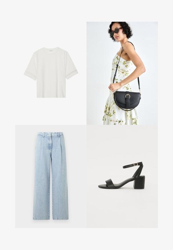 Balta trumpomis rankovėmis marškinėliai, pagaminti iš medvilnės, su dekoratyviais nėriniais aplink rankoves ir apvaliu kaklu.; Šviesiai mėlynos džinsinės plačios kelnės su raukšlėmis, elastinga juosmena ir išblukusiu paruošimu. Turi tiesų kirpimą ir apdailintus kraštus.; Juodos aukštakulnės sandalai su lygiu odiniu viršumi, atvira nosimi, plačiomis priekinėmis dirželiomis ir reguliuojama kulkšnies juosta su auksiniu sagtimi.; Juodas odinis krepšys su išlenkta forma, nuimamu dirželiu ir auksiniais detalėmis. Krepšys turi kilpą su sagtimi.